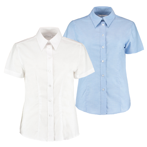 Kustom Kit Ladies Pinpoint S/S Shirt (white, lt blu)